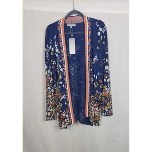 Daniel Rainn Navy Blue Floral Open Front Cardigan Sweater M Grandmacore Spring